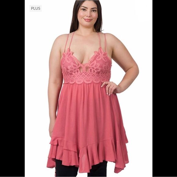 12. Plus Dusty Rose CROCHET LACE ASYMMETRIC SEXY RUFFLE TRIM DRESS NWT BOUTIQUE - Picture 1 of 2